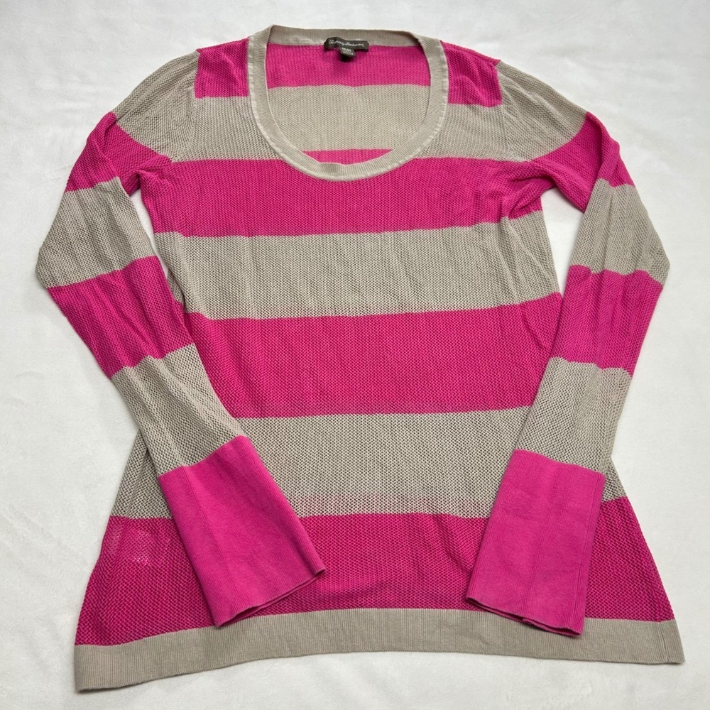 Tommy Bahama Women Pink Green Striped Open Knit Cotton Scoop Neck Sweater Medium